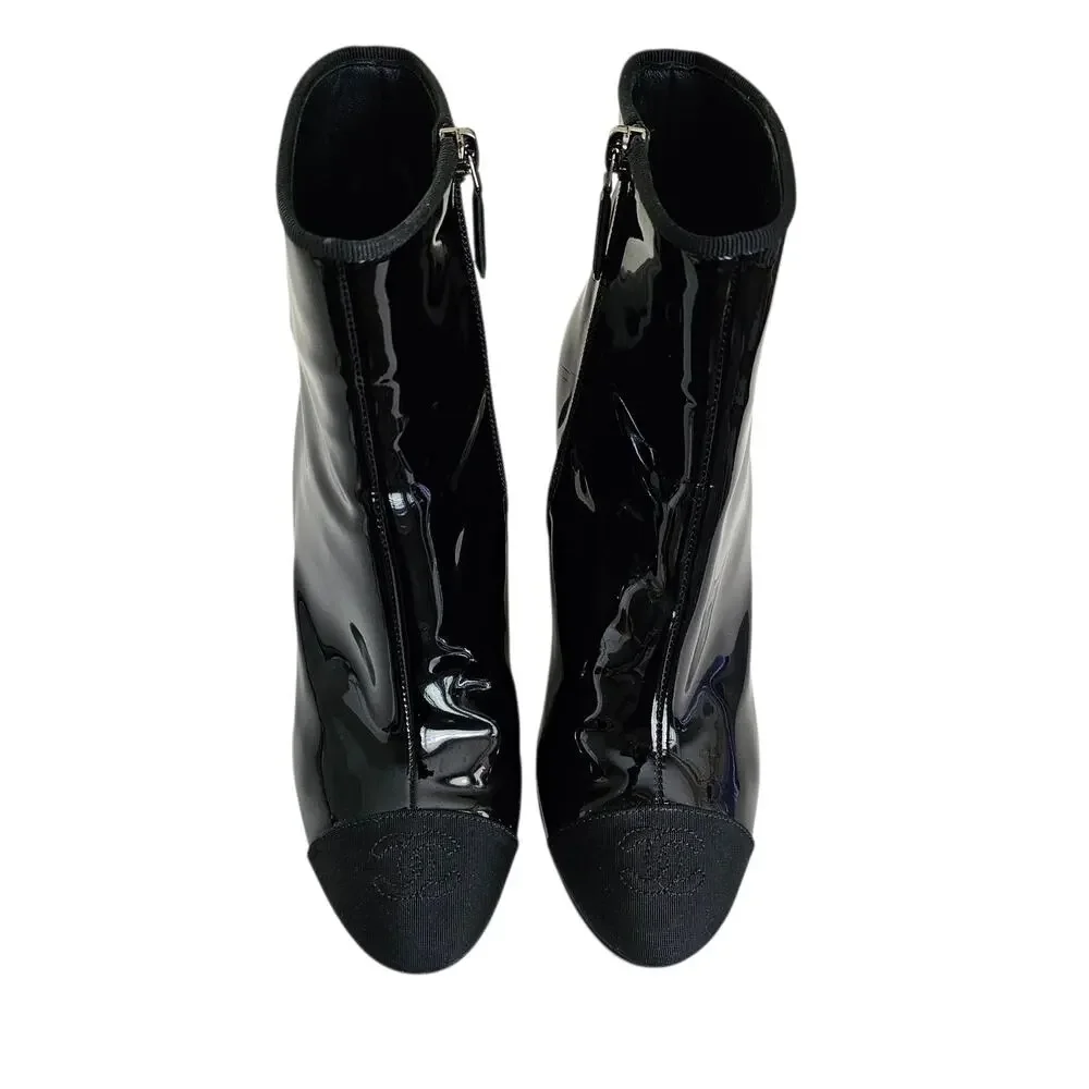 Chanel CC Cap Toe Logo Ankle Heel Boot Size 37.5 US 6.5 7 Black Patent Leather